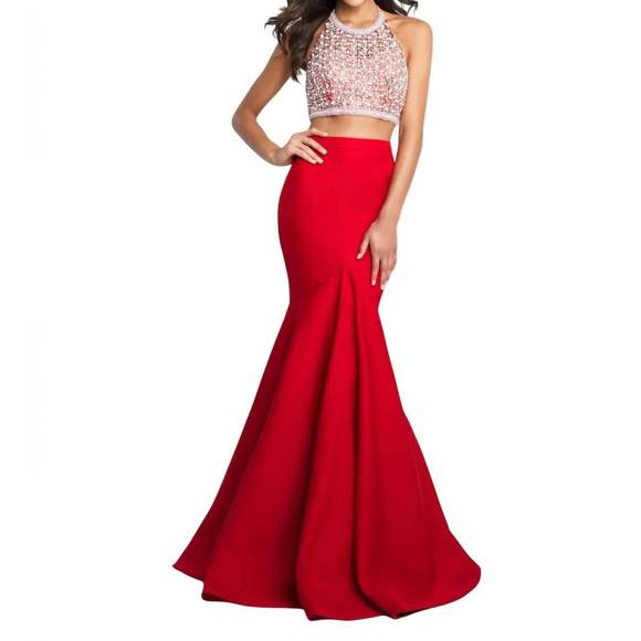 NEW BLUSH PROM soft mikado beaded halterneck two piece mermaid gown in red